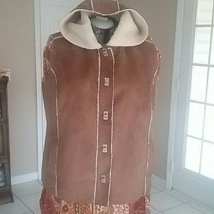 Camel Faux Suede Hooded Sherpa Vest